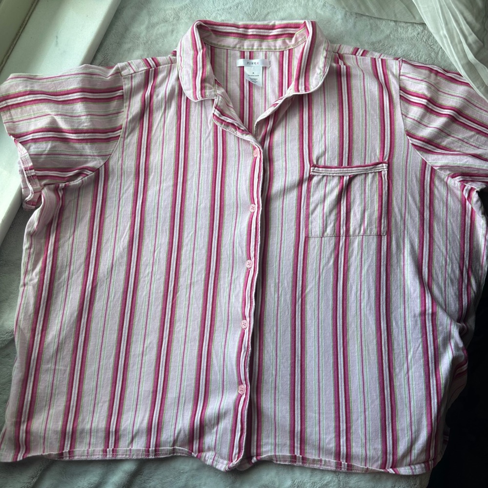 Clean Girl Baby Pink Striped Pajama Blouse Button Up Striped Soft